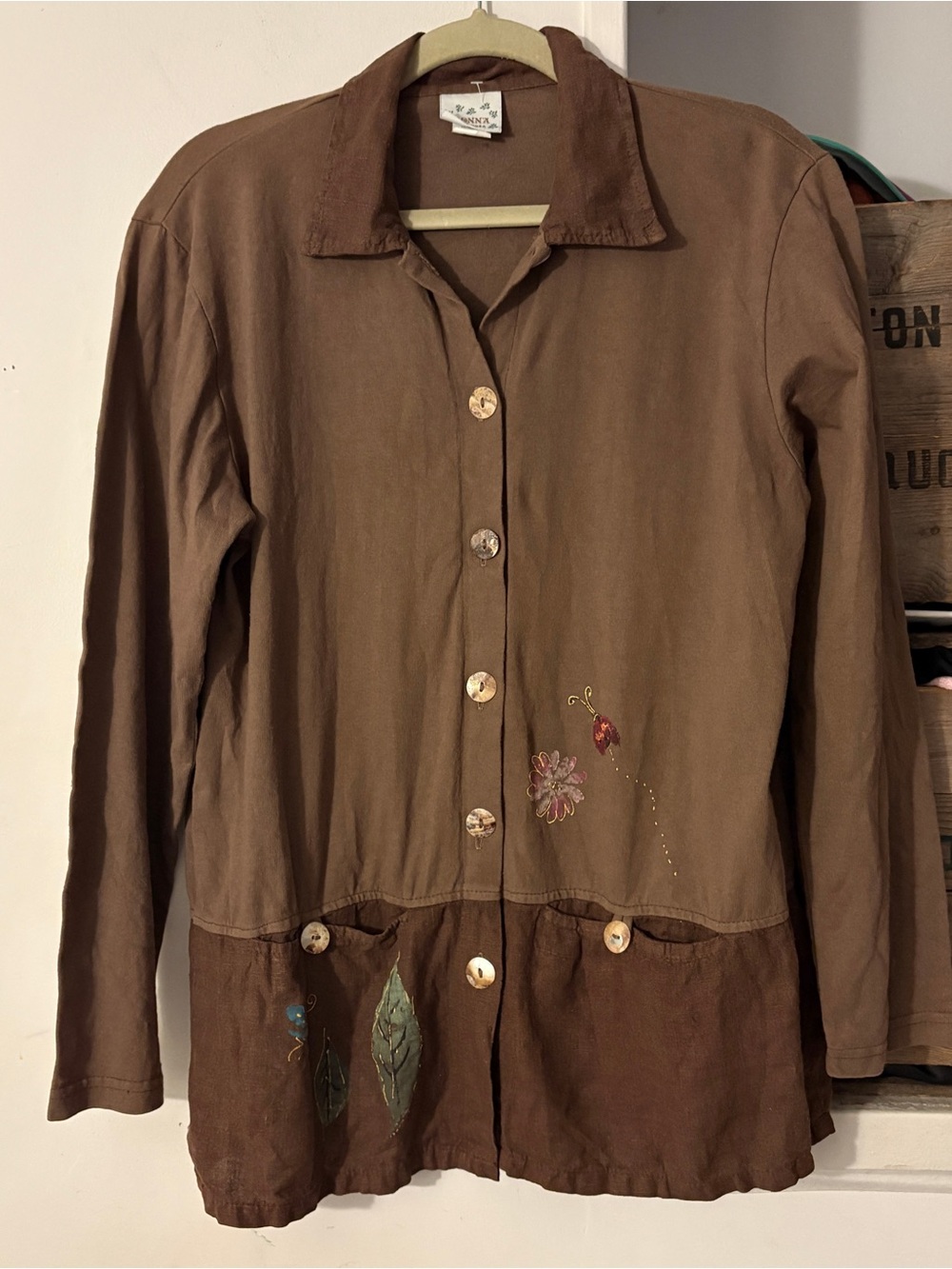Vintage Donna Mixed Media Brown Painted Button Down Utility Jacket Size Small